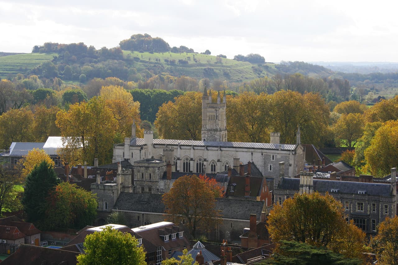 Winchester College and the city seen from St Catherine's Hill in autumn